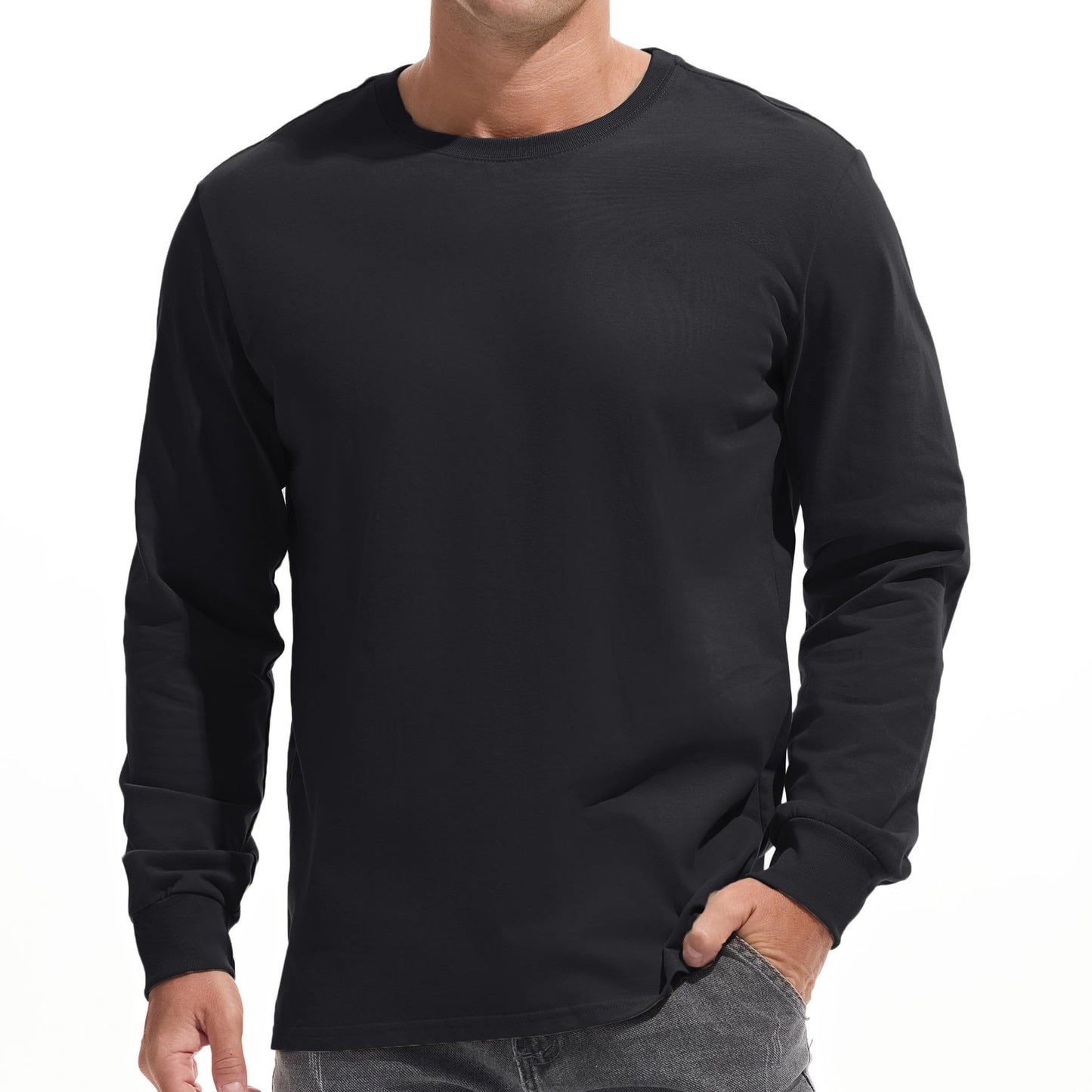 VEIISAR Mens Heavy Weight Crew Neck Long Sleeve T Shirt - Mens 100 Cotton Thick Pre Shrunk Shirts Black M