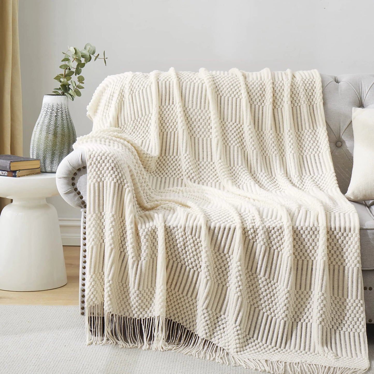 HommxJF Off White Knitted Throw Blankets for Couch Bedroom and OfficeroomTextured Fade Resistant Soft and Warm Decorative Knitted Blankets with Tassel50"x60"