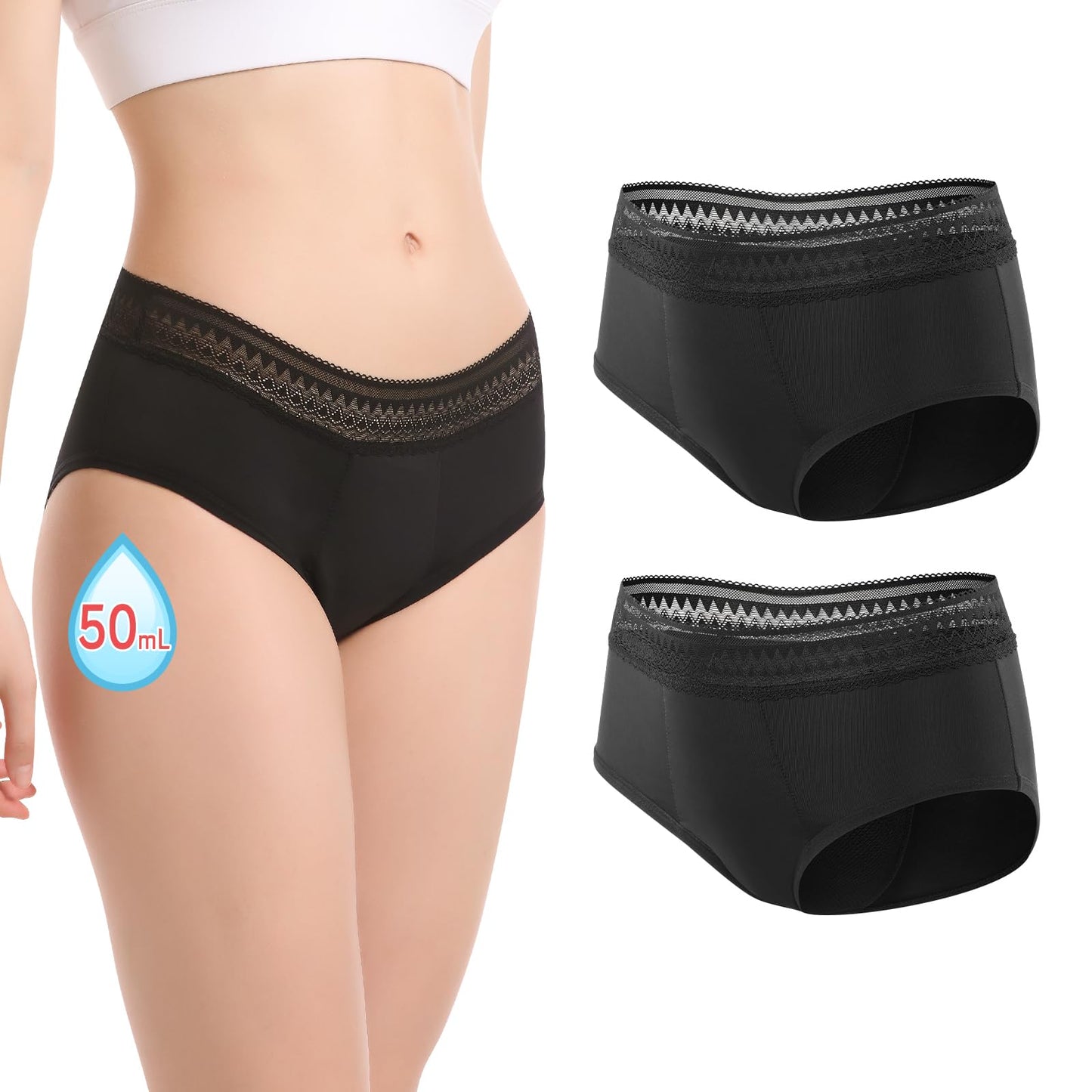 Womens Period Underwear Lace Leakproof Period Panties for Women Girl Menstrual Underwear Light Womens Incontinence Underwear Breathable & Soft 2Pack-L