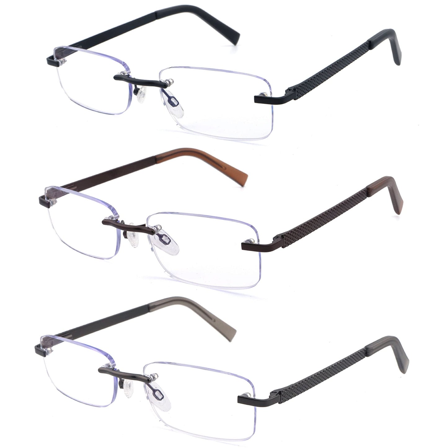 FEIVSN 3 Pack Rimless Reading Glasses for Men Blue Light Blocking Readers Spring Hinge Metal Arms Sturdy Stylish Computer Glasses +1.5