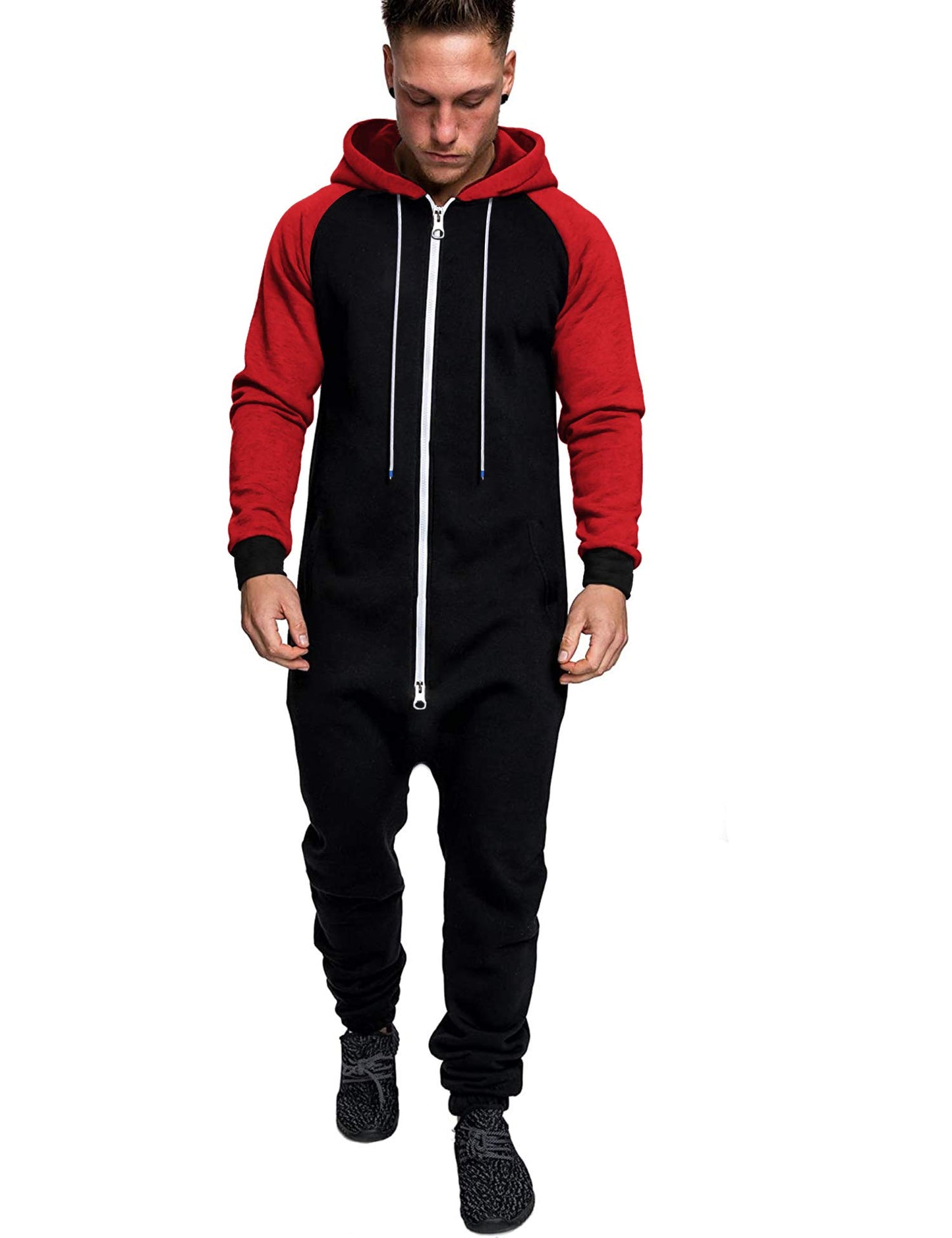 COOFANDY Mens Raglan Sleeve Zipper Up Drawstring Hooded Onesie Tracksuit One Piece Jumpsuit (Black/Red XL)