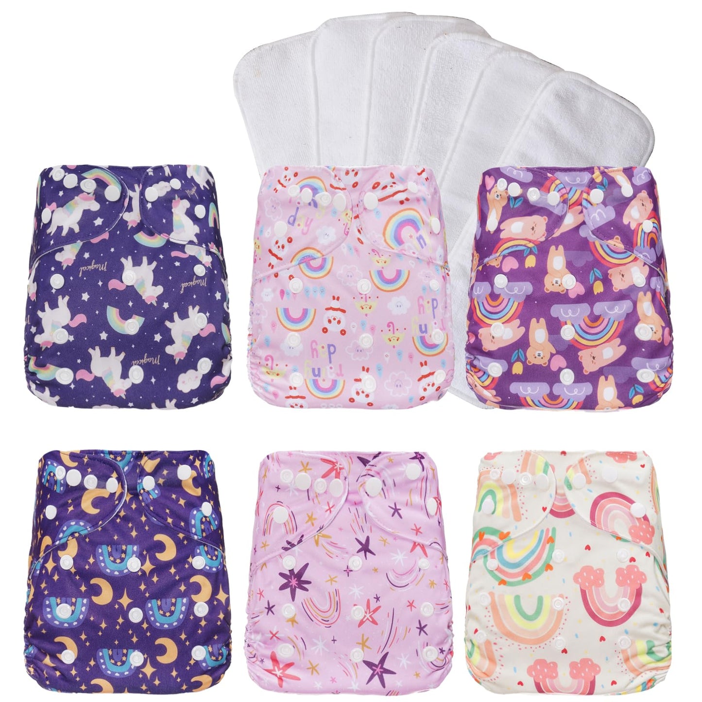 Washable Reusable Cloth Diapers for Babies Adjustable Baby Cloth Diapers Newborn6 Pack Pocket Diapers with 6Pcs Microfiber Inserts (Rainbow Unicorn)