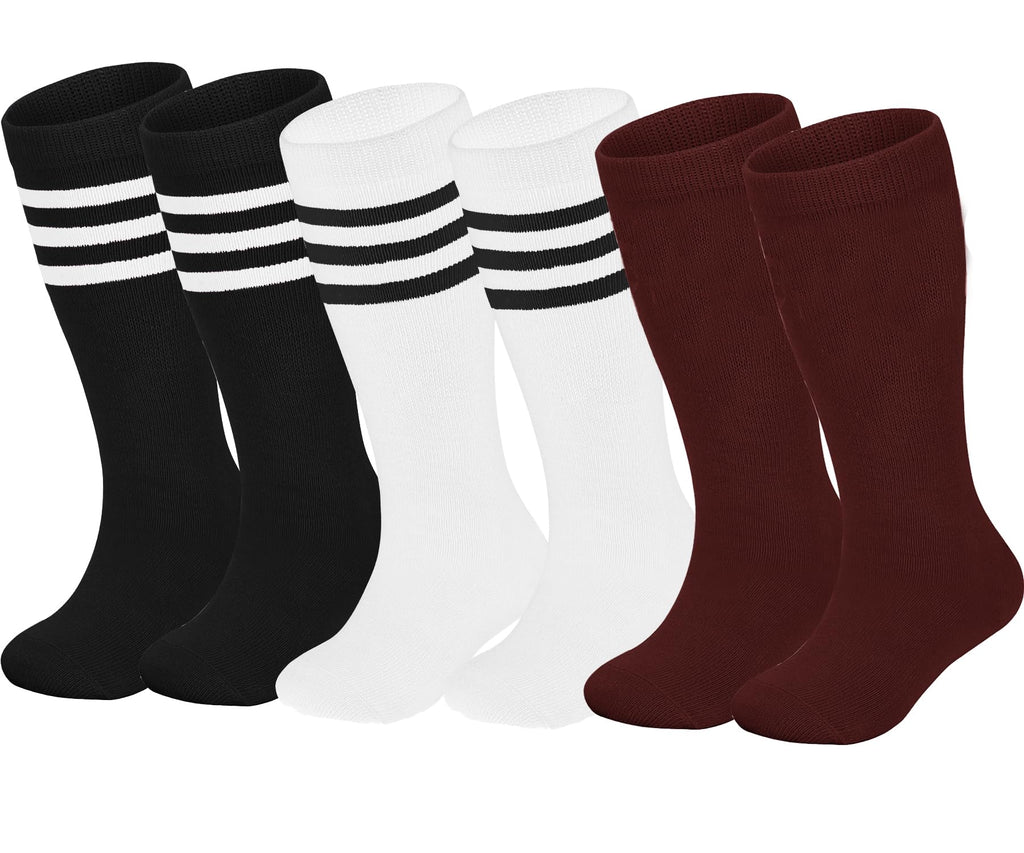 ENBAOHUI 3 Packs Toddler Soccer Socks Kids Soccer Socks Girls Boys Soccer Socks Toddler Knee High Socks Toddler Kids Tube Socks Black/White/Burgundy 1-4T