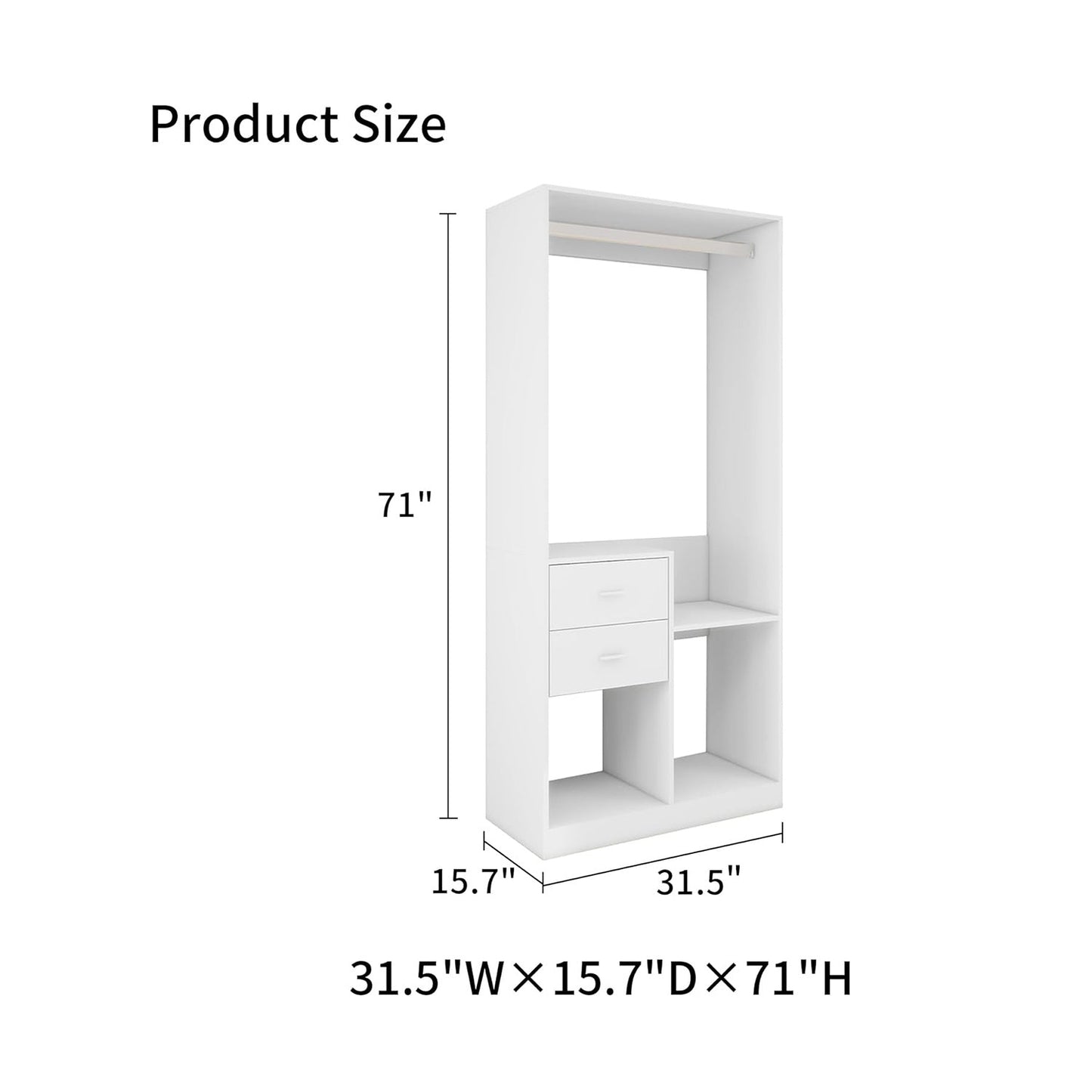 YG-303 Stand-Alone Wood Closet System for Walk in Closets with 2 Drawers Hanging Rods and Shelves Clothes Storage Cabinet Built-in Closet Organizer for Bedroom 31.5"L x 15.7"W x 70.8"H Gray