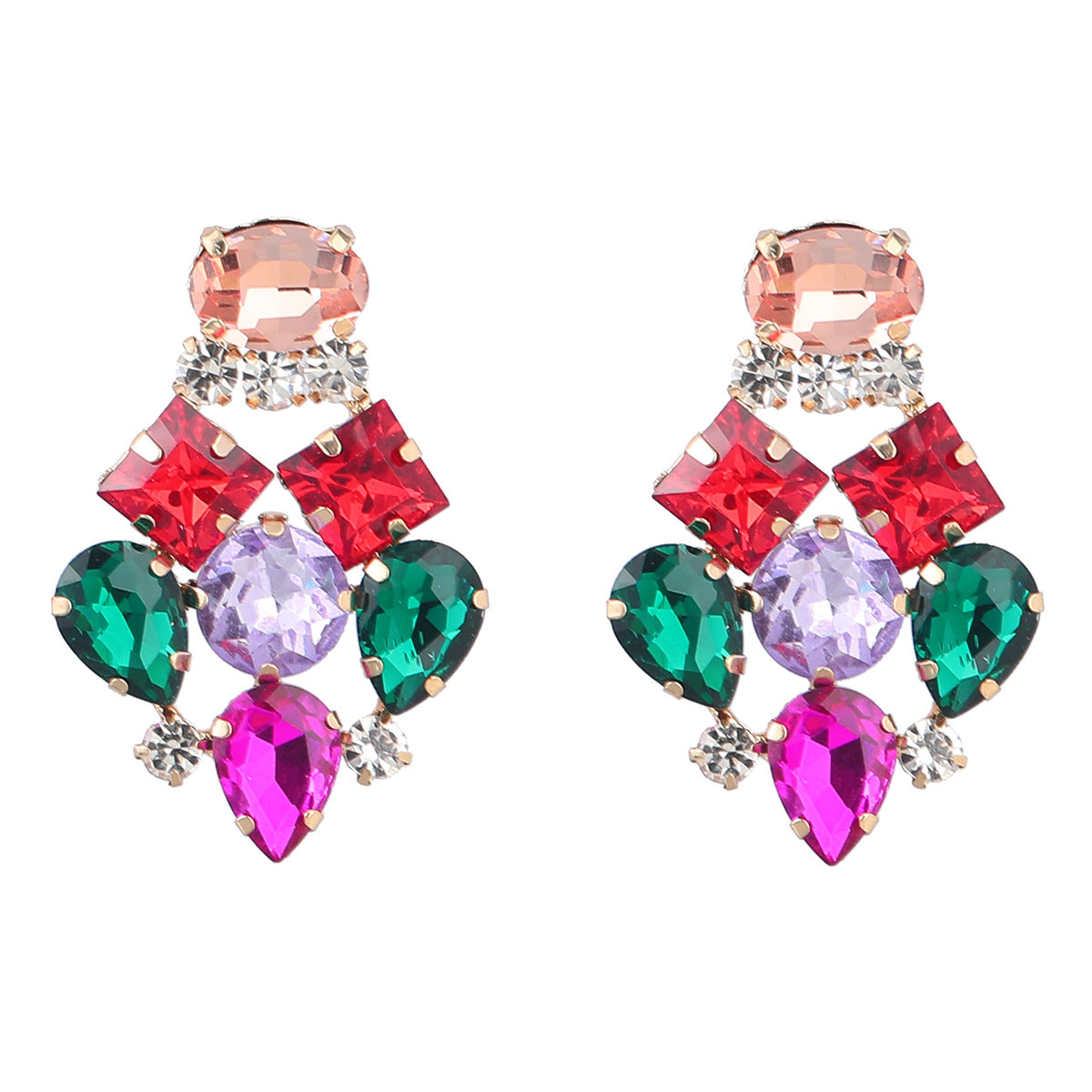 Fashionable Geometric Earrings with Colorful Diamonds