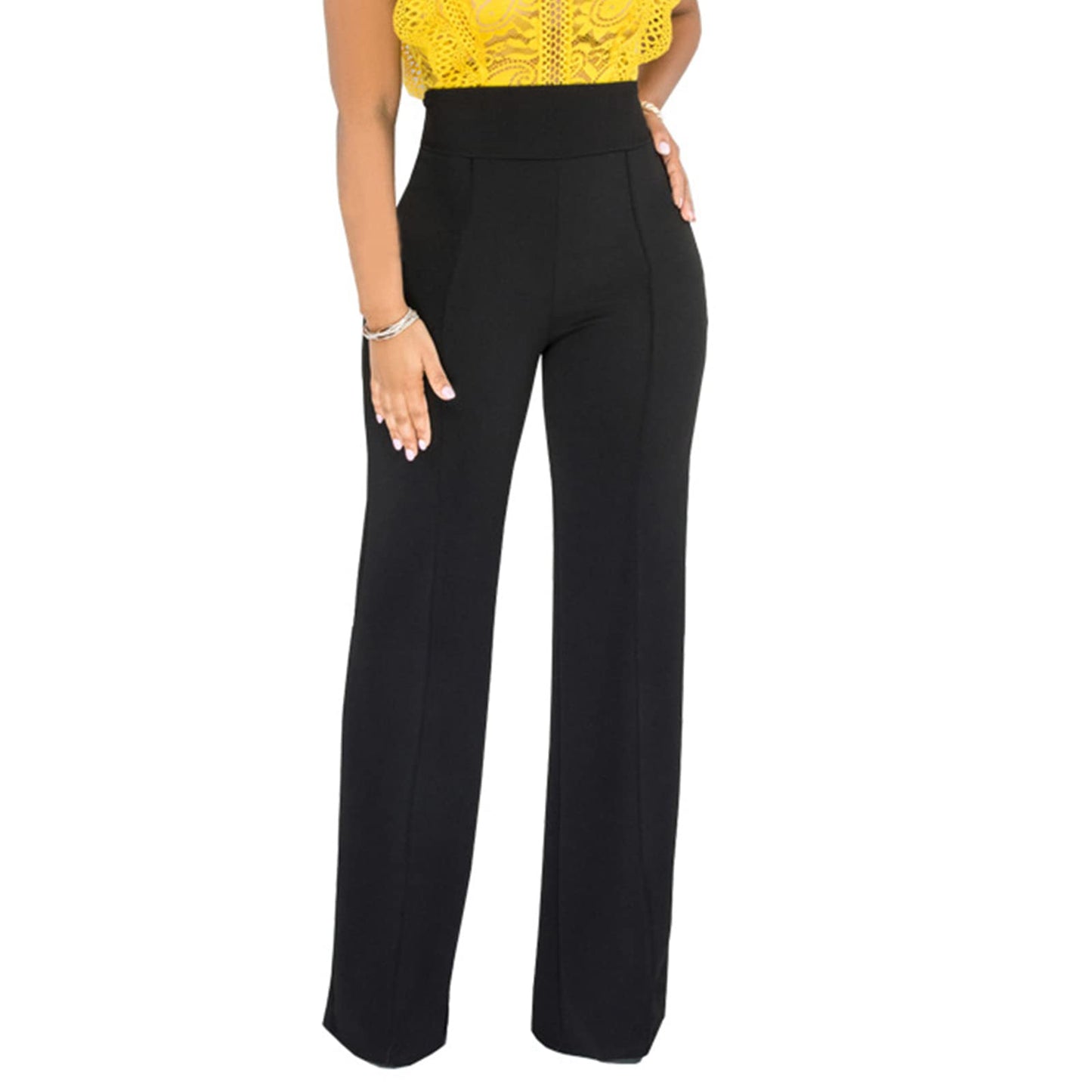 IyMoo Women Stretchy Wide Leg Pants Slacks Casual Back Zipper High Waisted Straight Dress Long Pants Work Black XL