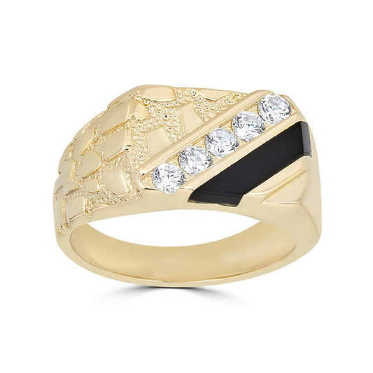 14k Gold Over Real Solid 925 Sterling Silver Mens Silver Nugget Ring - Iced Out CZ & Black Onyx - Pinky or Ring Finger - Sizes 6-13 (13)