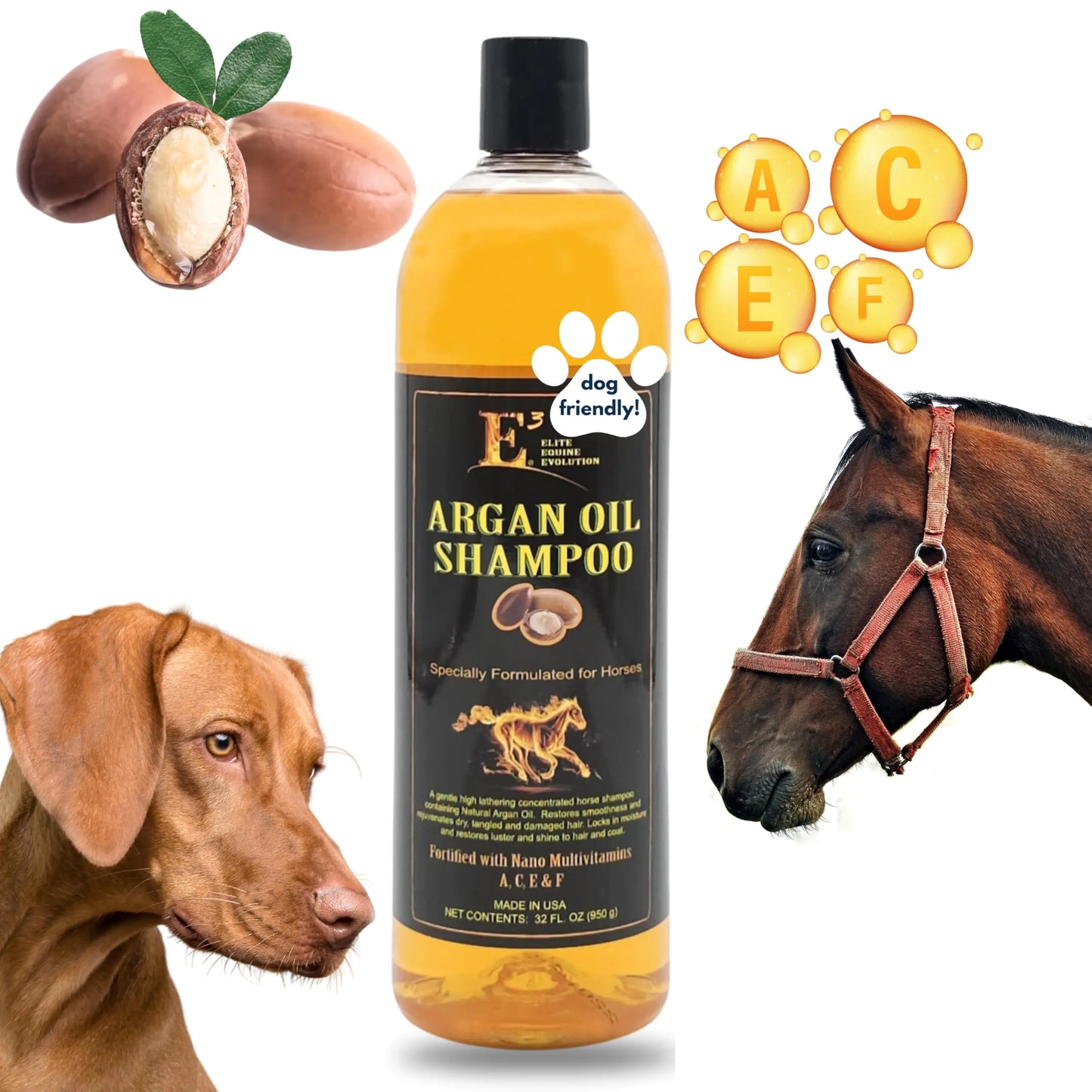 E3 Argan Oil Shampoo 32oz - Moisturizing Pet Shampoo Hair Shampoo Argan Oil Hair Shine Shampoo De Caballo Gentle Formula Good for Dogs Too (32 fl oz)