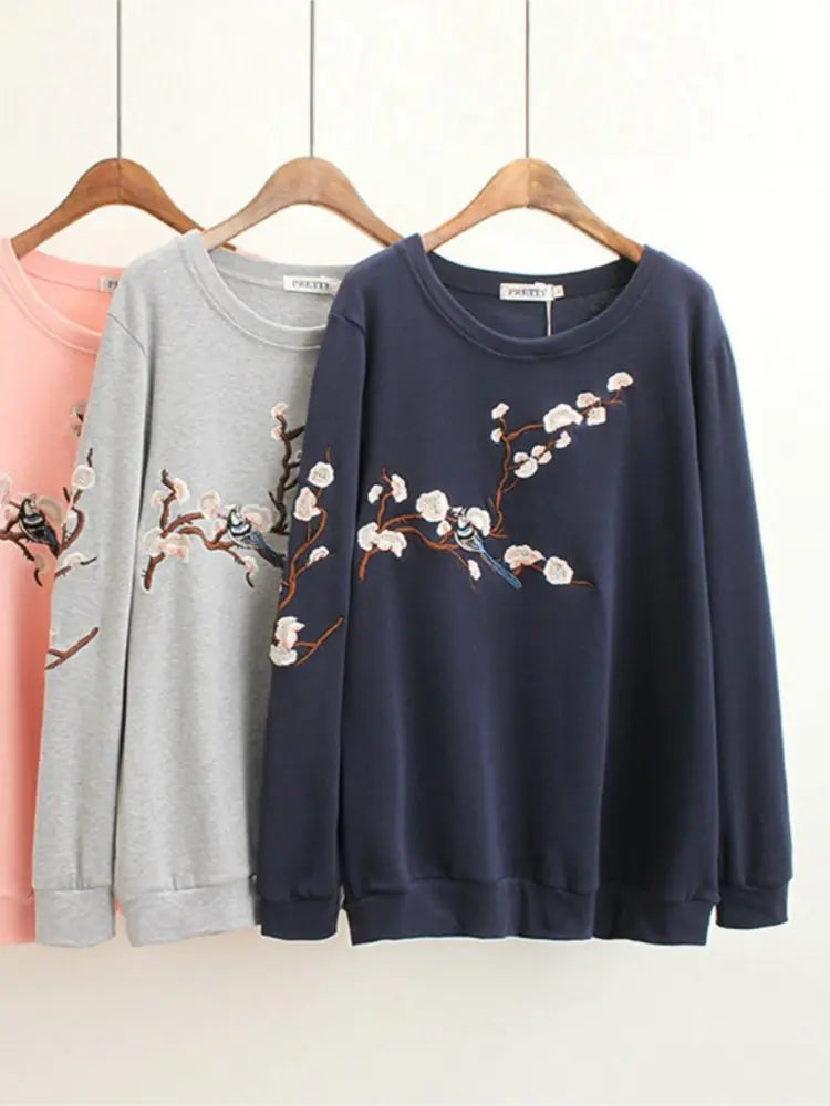 Autumn Women's Cotton Sweatshirts with Floral Embroidery