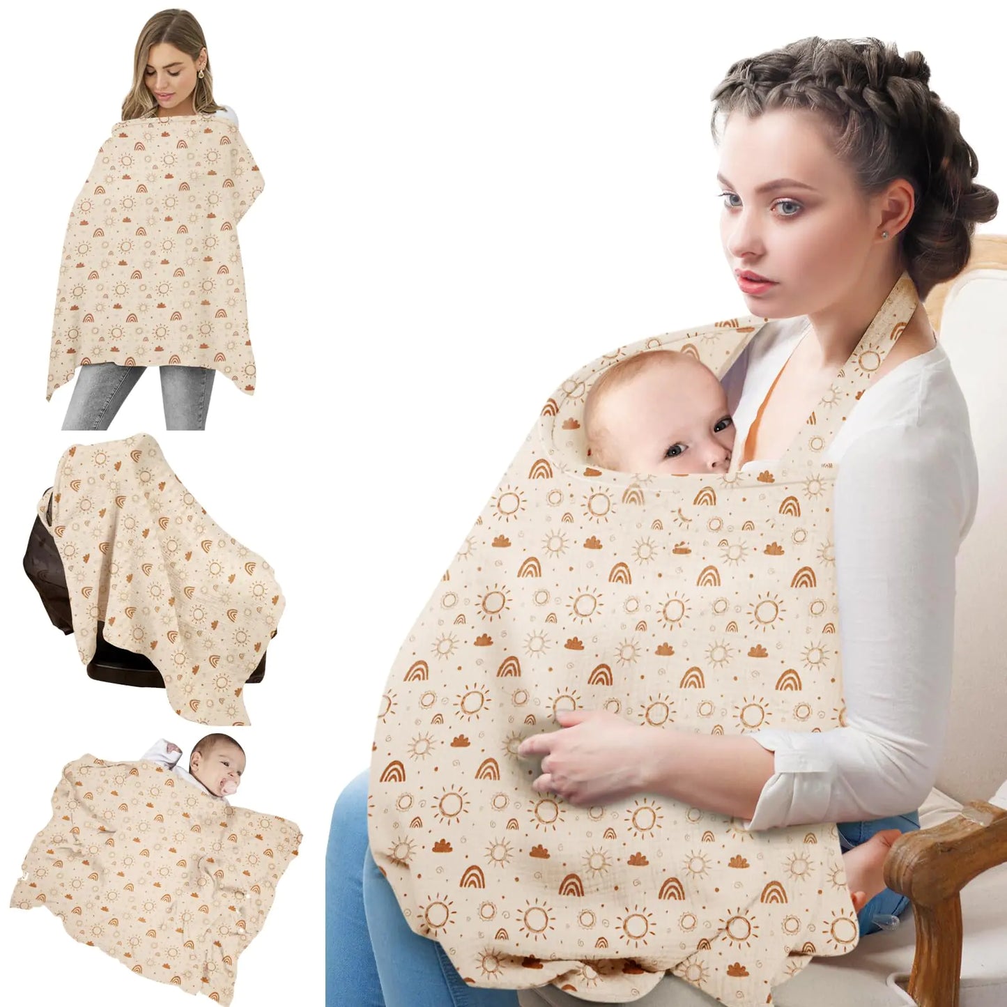 MEXXI Muslin Nursing Covers for Breastfeeding Breastfeeding Cover with Arch Neckline100% Cotton Breathable and Lightweight Privacy Nursing Apron 43 * 30 Inch (Beige)