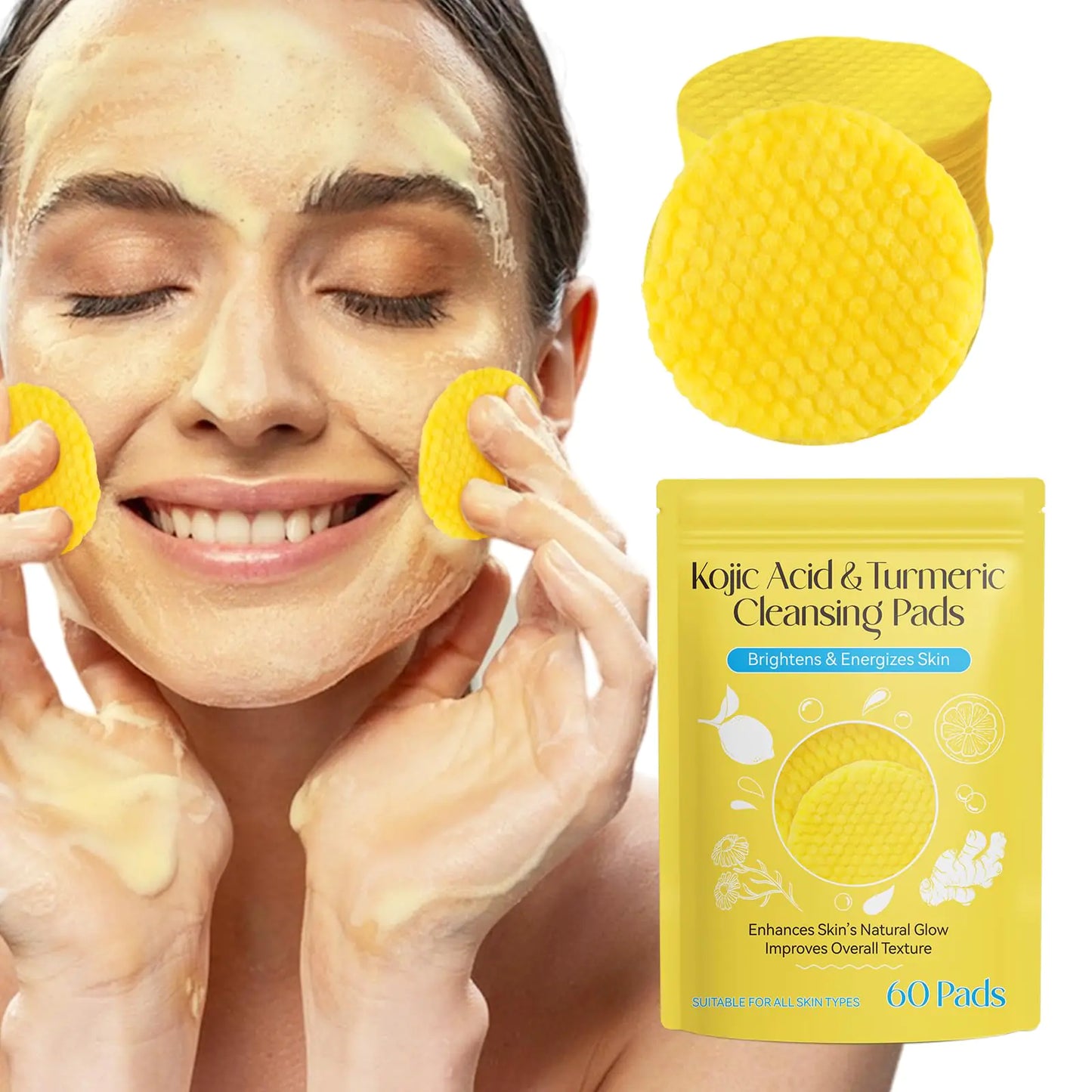 60PCS Turmeric Kojic Acid PadsTurmeric Kojic Acid Cleansing Pads Face Turmeric & Kojic Acid Pads Turmeric Cleansing Pads for Dark Spots Turmeric Pads Infused Foaming Exfoliating Pads