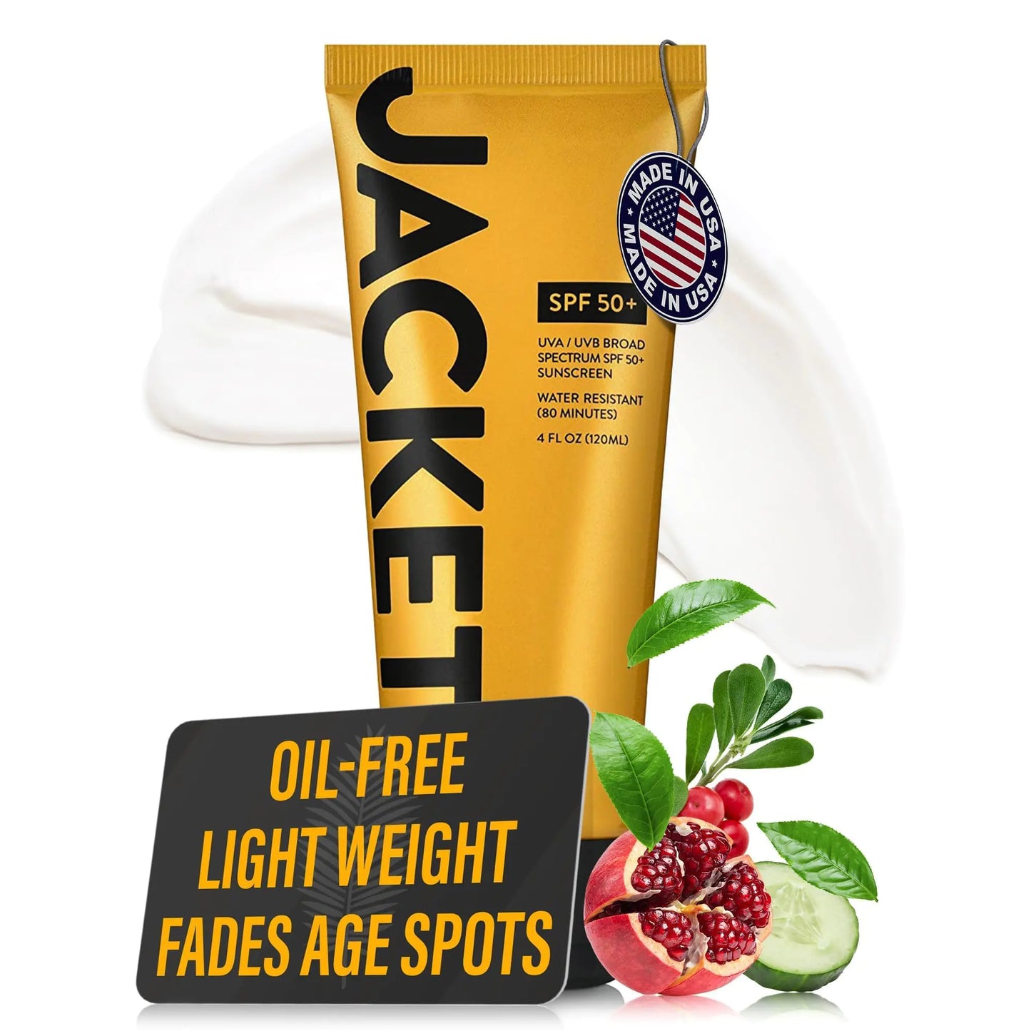 JACKET Sunscreen SPF 50+ Anti-Aging sunscreen with Vitamin C Water resistant sunscreen for face Zinc oxide sunscreen lotion Age Spot Remover Sunscreen for Body - LARGE 4 OZ size