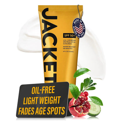 JACKET Sunscreen SPF 50+ Anti-Aging sunscreen with Vitamin C Water resistant sunscreen for face Zinc oxide sunscreen lotion Age Spot Remover Sunscreen for Body - LARGE 4 OZ size