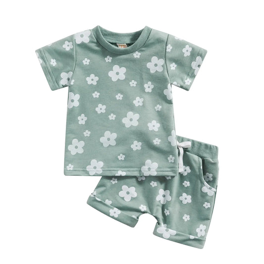 Newborn Baby Girls Summer Shorts Clothes Sets Toddler Infant Floral Print Short Sleeve T-shirts+Drawstring Outfit (Green 6-12 Months)