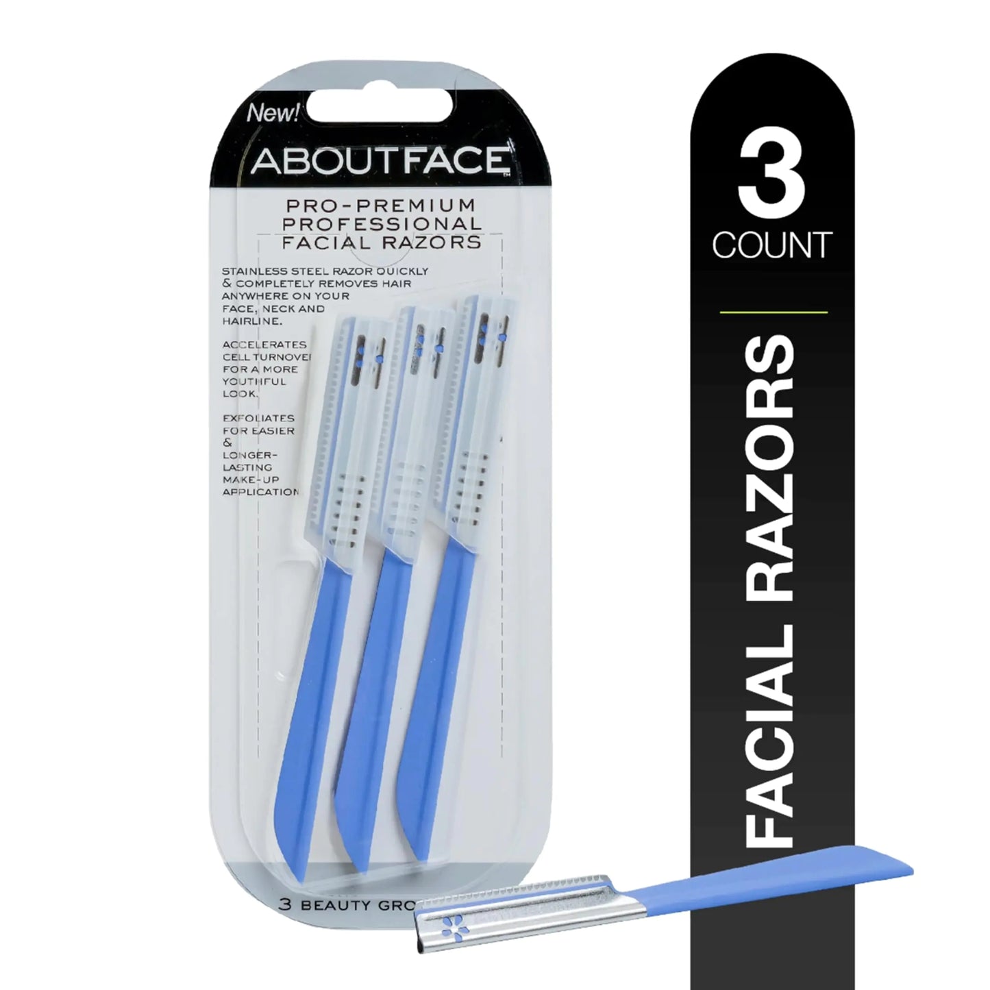 Kai About Face Pro-Premium Professional Facial Razors; 3 Beauty Groomers per Package; Stainless Steel Razors for Hair Removal and Dermaplaning from Face Neck & Hairline