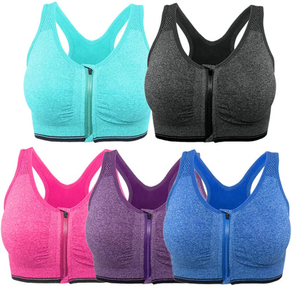 FLORATA Sports Bras for Women5 Pack Seamless Comfortable Zip Front Sports Bra with Removable Pads