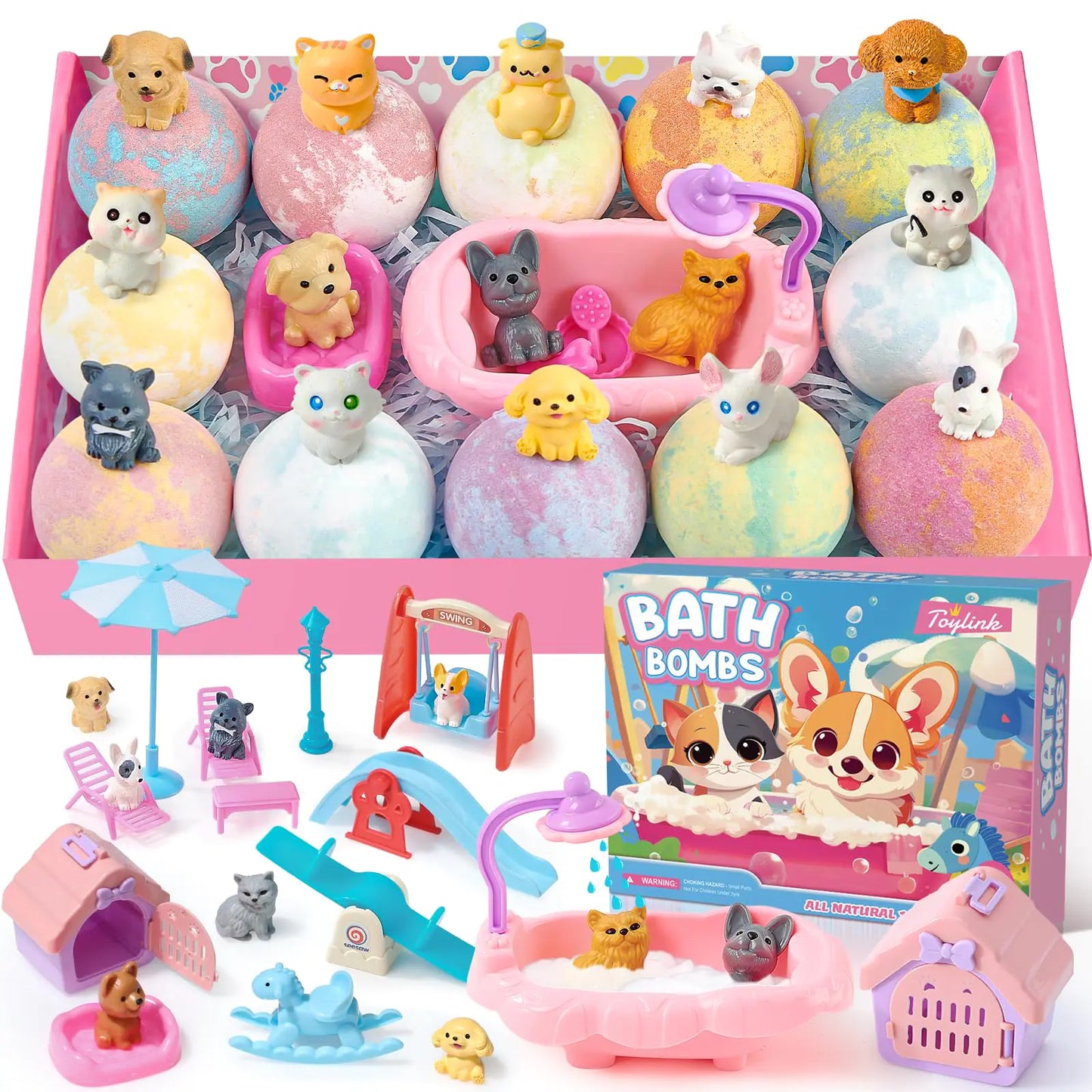 Toylink Bath Bombs for Kids with Surprise Inside for Girls Boys 12 Pack Kids Bath Bombs with Dog & Cat Toys Pretend Playset Handmade Bubble Bath Fizzies Birthday Christmas Gift Set