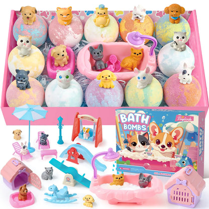Toylink Bath Bombs for Kids with Surprise Inside for Girls Boys 12 Pack Kids Bath Bombs with Dog & Cat Toys Pretend Playset Handmade Bubble Bath Fizzies Birthday Christmas Gift Set