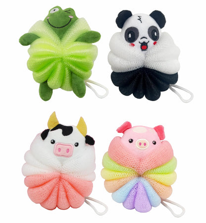 MURRI&MURRDI 4 Pcs Bath Loofahs for Kids Lovely Animal Body Scrubber Kids Loofah for Bathing Toddler Body Loofah Cute Cartoon Kids Bath Pouf Exfoliating Child Loofah for Shower 55g (4 Cartoon C)