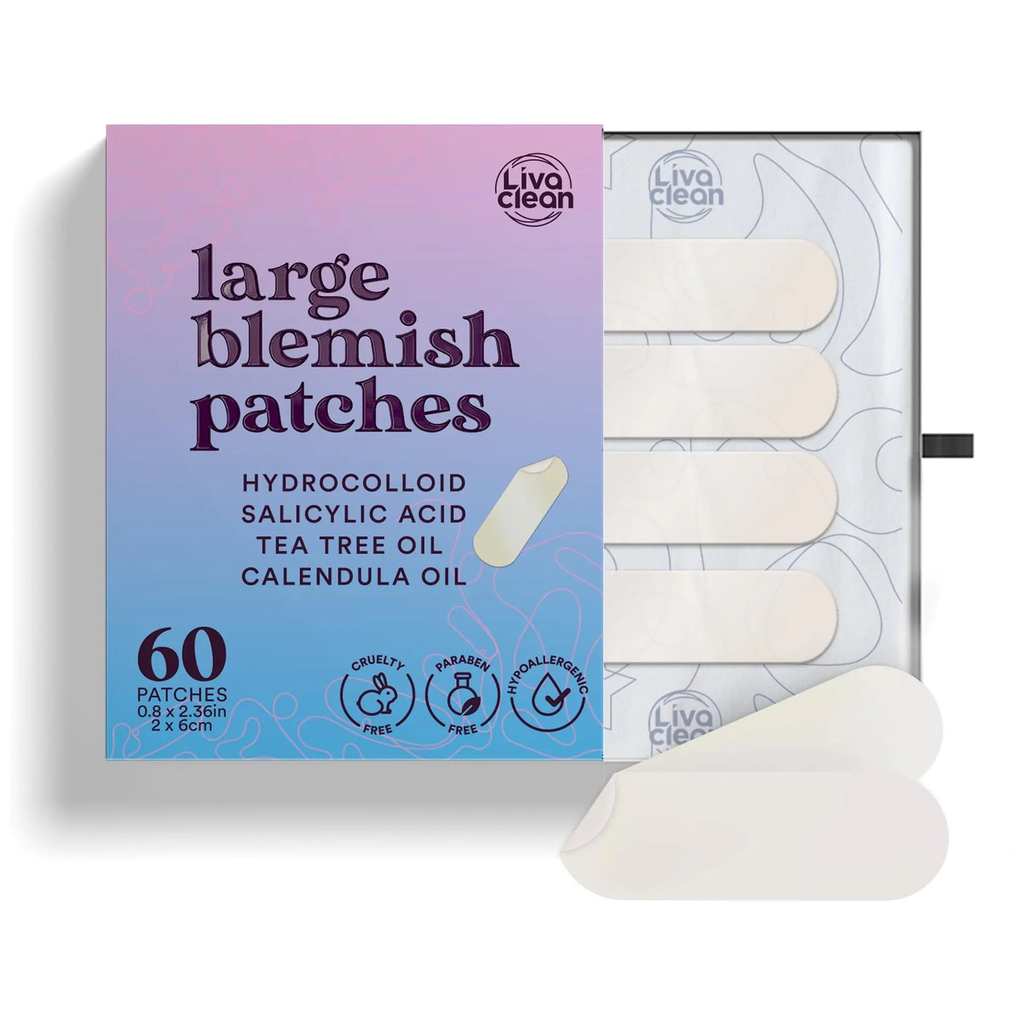LivaClean 60CT Large Hydrocolloid Acne Patches - Salicylic Acid Tea Tree Oil & Calendula Oil for Pore Spots Nose Face Pimple Zit Patches Large Pimple Patches for Face Hydrocolloid Bandages Large