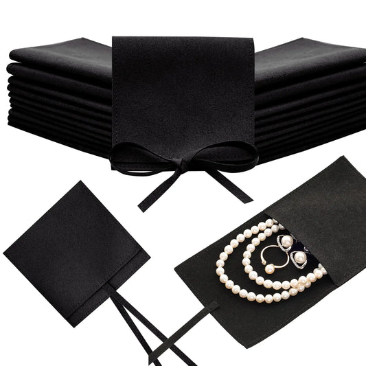 Heliltd 12pcs Microfiber Jewelry Pouch 8x8cm Microfiber Jewelry Bags Bulk Microfiber Jewelry Packaging Bag Small Gift Pouches Mini Gift Bag for Jewelry Envelope Style with Strings (Black)