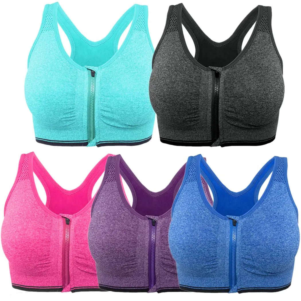 FLORATA Sports Bras for Women5 Pack Seamless Comfortable Zip Front Sports Bra with Removable Pads