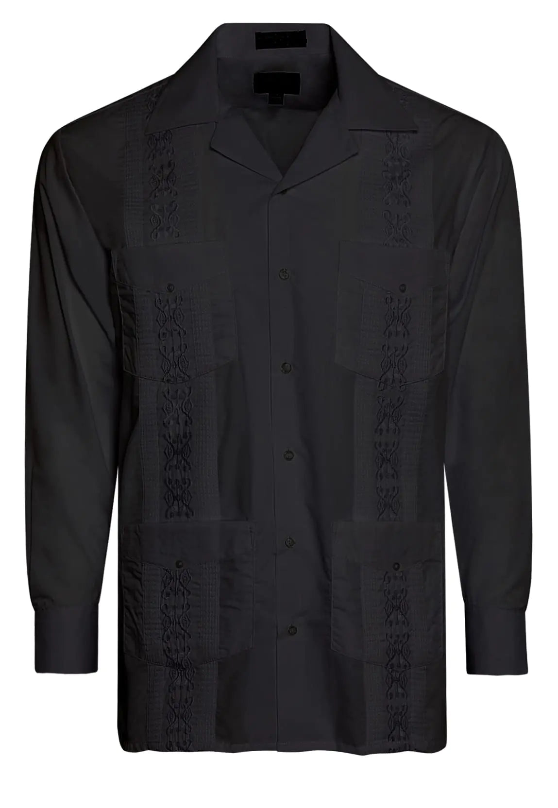 OmegaTux Mens Cuban Guayabera Long Sleeve Shirts Wedding Cigar Beach Bartender Casual (Black XL)
