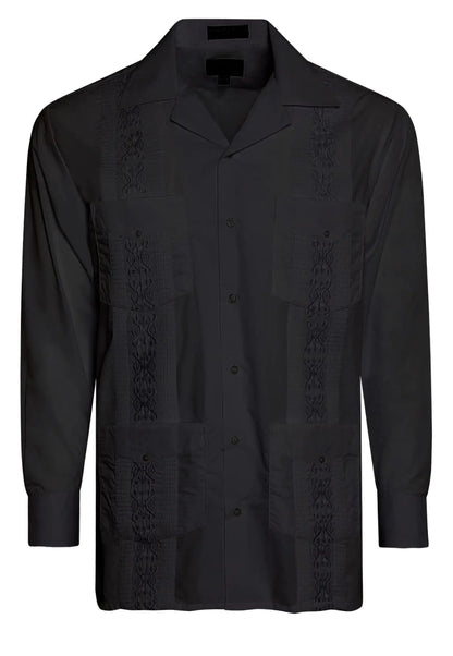 OmegaTux Mens Cuban Guayabera Long Sleeve Shirts Wedding Cigar Beach Bartender Casual (Black XL)
