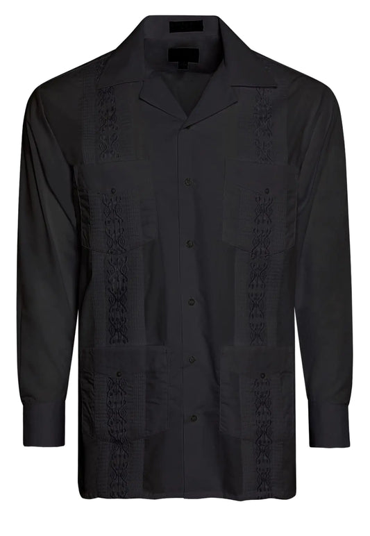 OmegaTux Mens Cuban Guayabera Long Sleeve Shirts Wedding Cigar Beach Bartender Casual (Black XL)