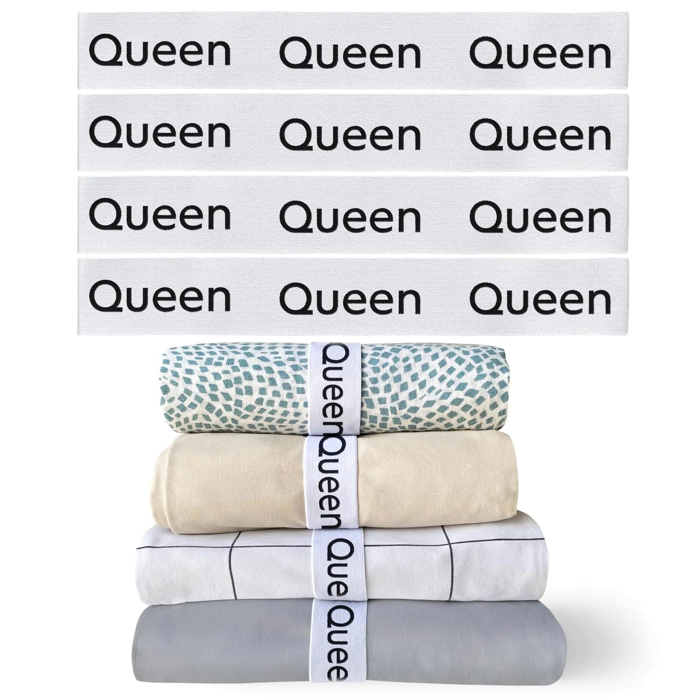 Niagara 4 Pack Bed Sheet Organizer and Storage Label Bands - Fully Elastic Stretchable Linen Closet Organizers and Storage - Bed Sheet Organizer Bands for Bed Sheets Duvets Quilts Linen (Queen)