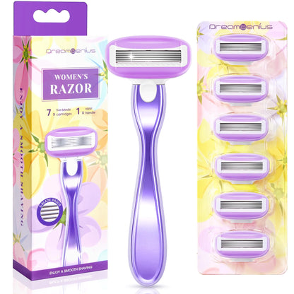 DreamGenius Razors for Women Include 1 Non-Slip Metal Handles and 7 Blade Refills 5 Premium Blades Womens Razors for Shaving with 360° Lubrication Reduces Irritation Purple
