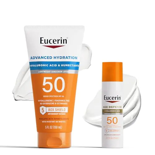 Eucerin Sun Sunscreen Pack with Hyaluronic Acid Advanced Hydration SPF 50 Sunscreen Lotion 5 Fl Oz Tube + Age Defense Face Sunscreen Lotion SPF 50 Facial Sunscreen 2.5 Fl Oz Bottle
