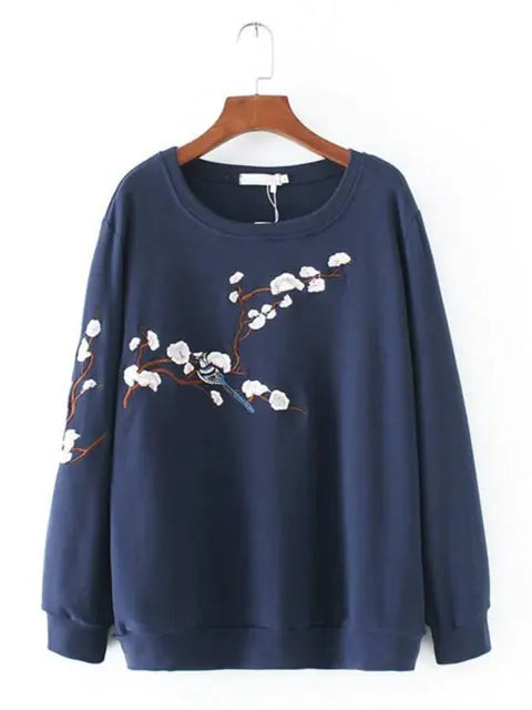 Autumn Women's Cotton Sweatshirts with Floral Embroidery