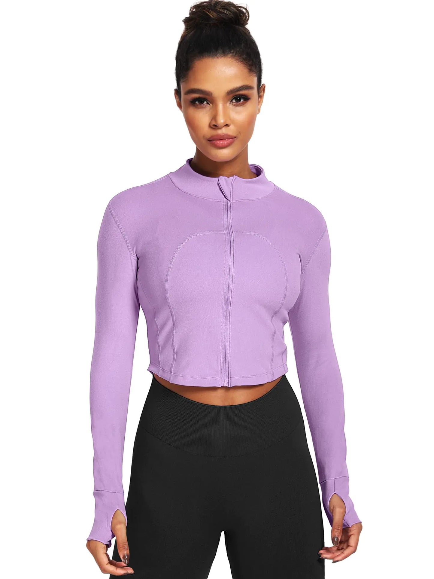 CADMUS Womens Workout Long Sleeve Shirts Crop Tops Running Shirt Athletic GymLavenderLarge