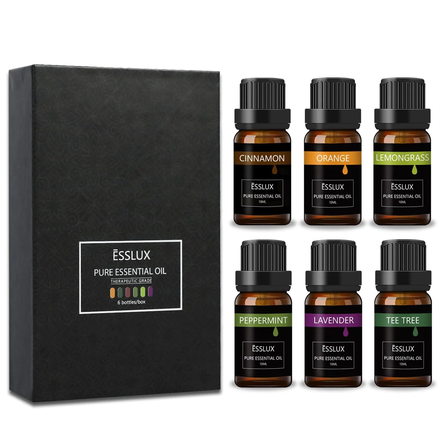 Essential Oils Set ESSLUX Top 6 Aromatherapy Oils for Diffuser Massage Soap Candle Making Scents Pure and Natural Essential Oils Kit - Lavender Tea Tree Orange Cinnamon Lemongrass Peppermint