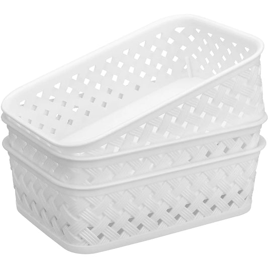 MaxGear Organization and Storage 3 Packs Plastic Storage Bins Organizer Bins Woven Baskets for Storage Plastic Baskets with Handles Storage Baskets for Organizing Basket Organizer Small White
