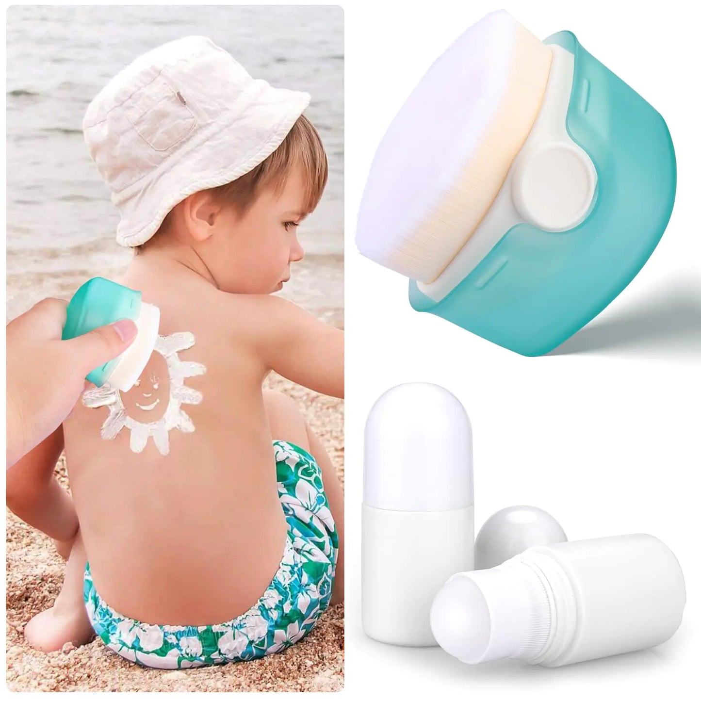 Mity rain Sunscreen Applicator for Kids 3PCS Sunscreen Roller Bottle and Sunblock Buddy Brush Set Buddies Sunscreen Applicator with Lid(2Roller+1Brush)