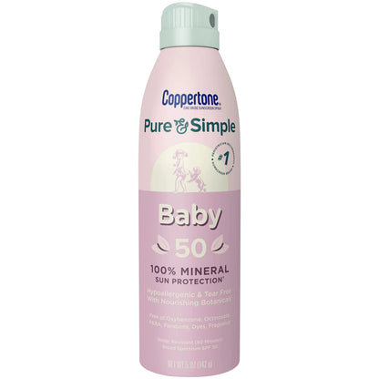 Coppertone Pure and Simple Baby Sunscreen Spray SPF 50 Zinc Oxide Mineral Sunscreen for Babies Toddler Sunscreen Water Resistant Broad Spectrum SPF 50 Sunscreen 5 Oz
