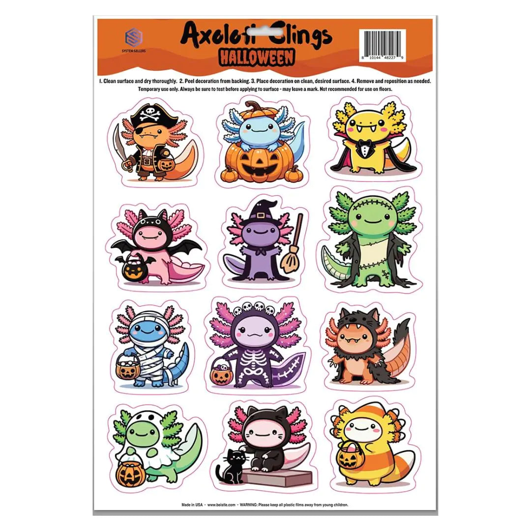 Axolotl in Costume Peel and Place Clings - Great for Decorating Windows Water Bottles Lockers and Notebooks - 12"x17" Sheet (Halloween)