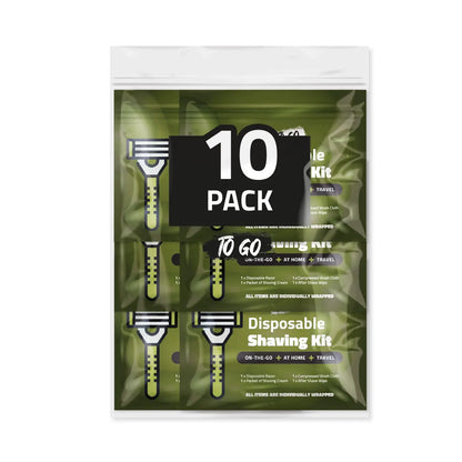 Disposable Compact Shaving Kit (10 Pack) - with Razor Shaving Cream Washcloth and Aftershave Wipe – Travel Ready Grooming Essentials - Perfect Personal Shave Kit or Charity Gift Set (Green)