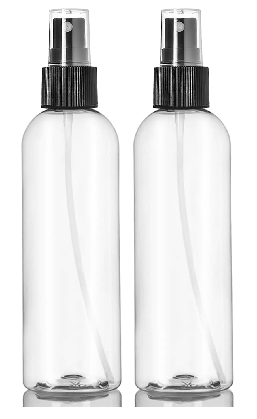 ljdeals 8 oz Clear Plastic Spray Bottles Black Fine Mist Sprayer Refillable Empty Bottles for Essential oils Perfumes Travel. Pack of 2 Made in USA