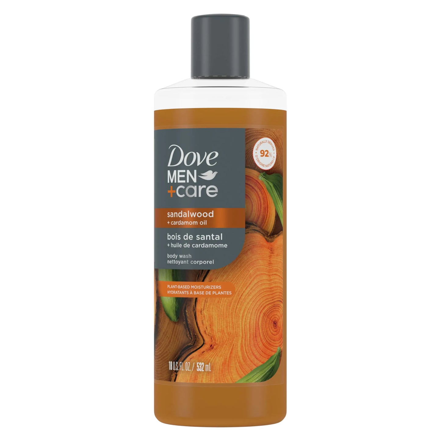 DOVE MEN + CARE Body Wash Sandalwood + Cardamom Oil to Rebuild Skin in the Shower with Plant-Based Cleansers and Moisturizers 18 oz