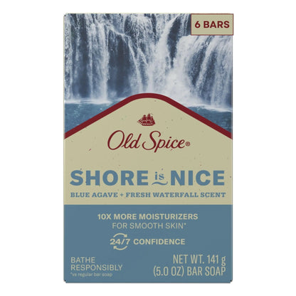 Old Spice Mens Bar Soap Shore is Nice Blue Agave + Fresh Waterfall Scent 10x More Moisturizers for Smooth Skin with Mild Exfoliators & Plant Based Cleansers 5.0 oz (Pack of 6)