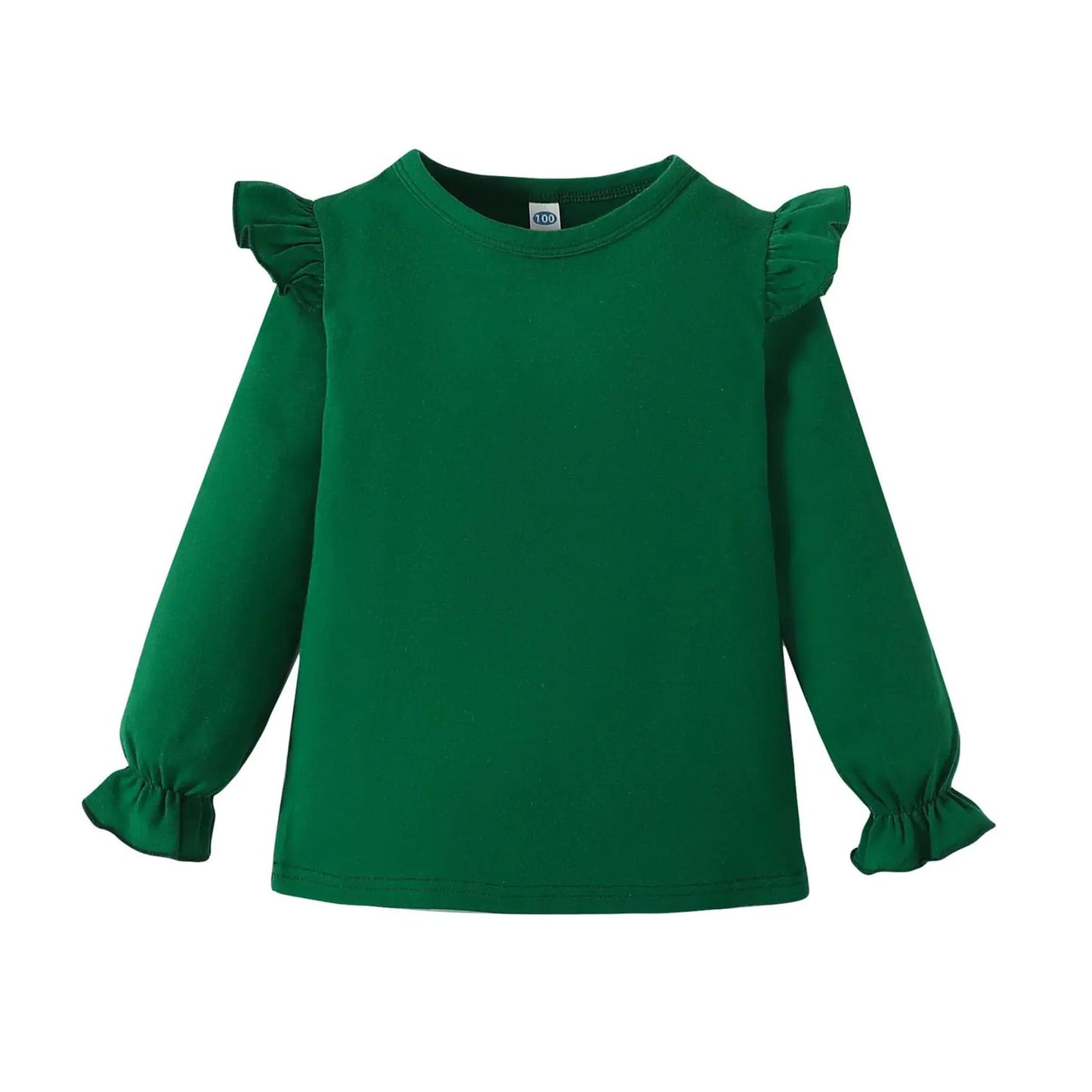 Magic Park 12M-7Y Baby Toddler Girl Long Sleeve Blouse Kids Solid Color Basic Tee Tops Little Girls Ruffle Cuffs T-Shirts (Long Green Tee 12-18 Months)