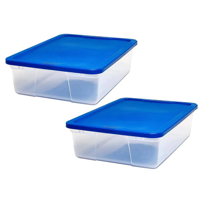 HOMZ 2 Pack Storage Bins Clear Plastic Organizing Containers w/Blue Lids 28 Quart