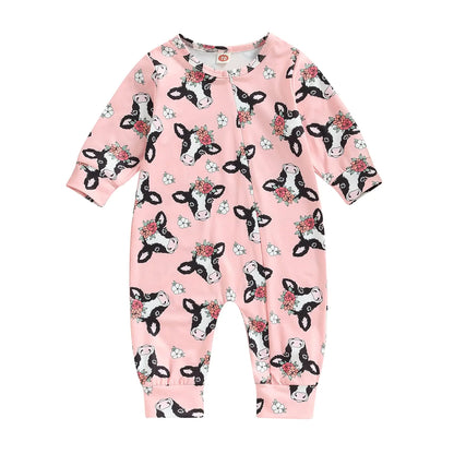 TheFound Western Baby Boys Girls Clothes Horse Floral Print Long Sleeve Infant Jumpsuits Newborn Autumn Cute Bodysuits 0-18M (Pink G 3-6 Months)