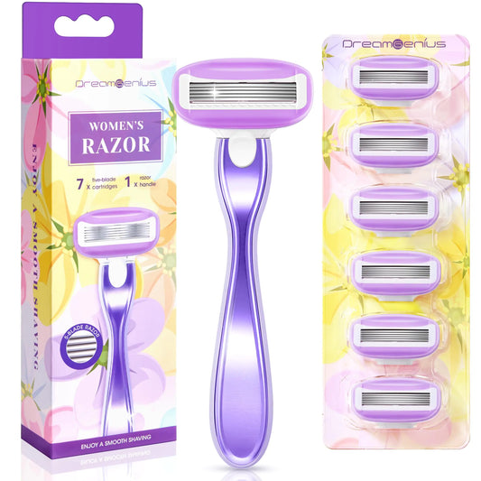 DreamGenius Razors for Women Include 1 Non-Slip Metal Handles and 7 Blade Refills 5 Premium Blades Womens Razors for Shaving with 360° Lubrication Reduces Irritation Purple