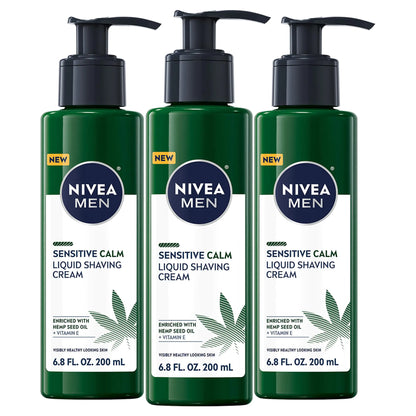 NIVEA MEN Sensitive Calm Liquid Shaving Cream with Vitamin E and Hemp Seed Oil 3 Pack of 6.8 Fl Oz Pump Bottles