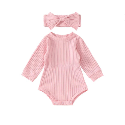 Covvoliy Newborn Baby Girl Clothes Long Sleeve Knit One Piece Romper Bodysuits with Headband Fall Winter Outfits (Light Pink 12-18 Months)