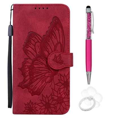 SUPWALL Designed for iPhone 15 Plus Wallet Case | Skin Feel Embossed Butterfly Flower Leather Folio Case | Card Holders Stand Wrist Strap Flip Case with Stylus Pen Ring Holeder - Red